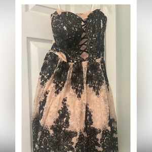 Juniors Pink and Black Lace formal dress